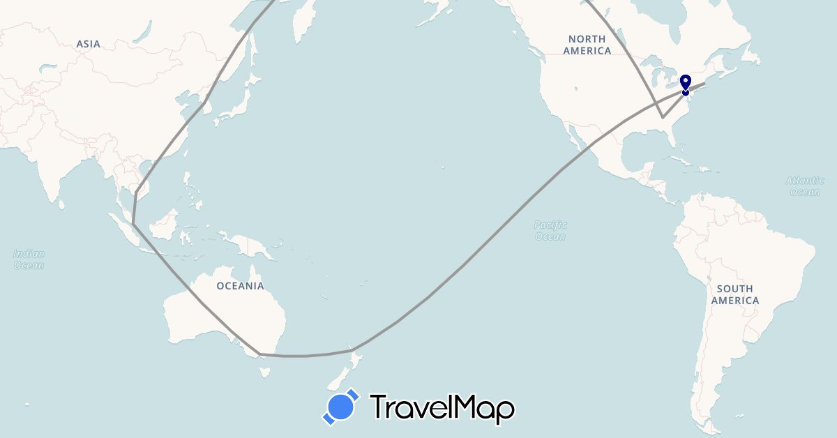 TravelMap itinerary: driving, plane in Australia, Cambodia, South Korea, New Zealand, Singapore, United States (Asia, North America, Oceania)
